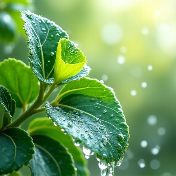 Ein Bild von Wassertropfen auf einem grünen Blatt, das Nachhaltigkeit symbolisiert.